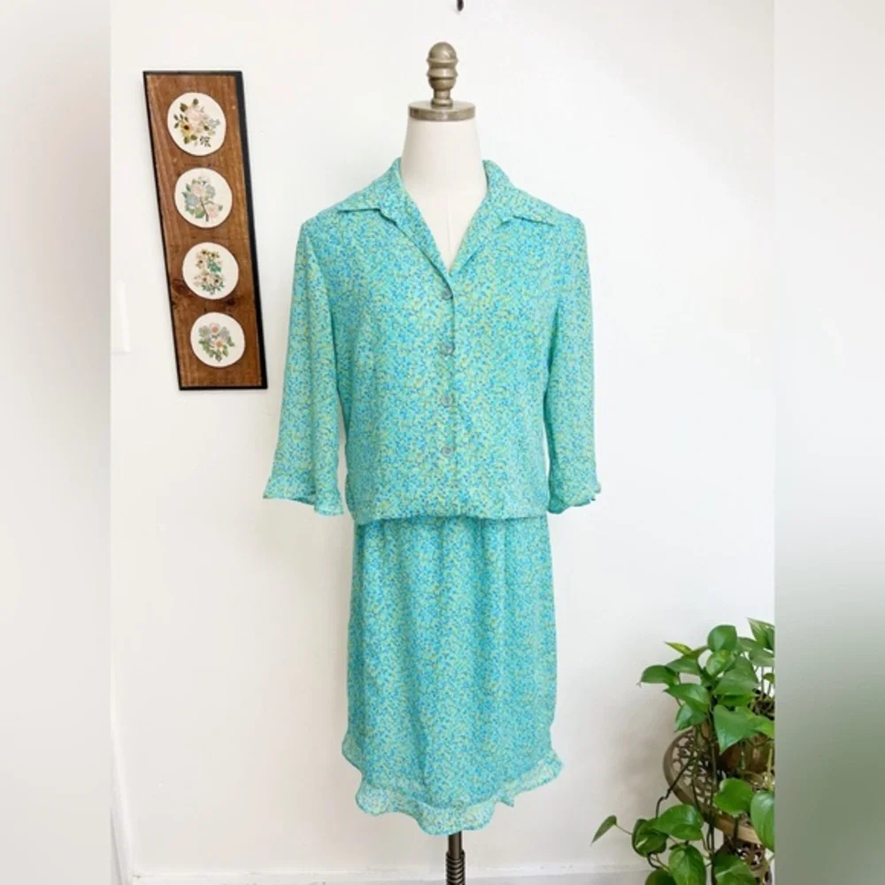90s Chiffon Patterned Matching Skirt & Top Set size 8 medium